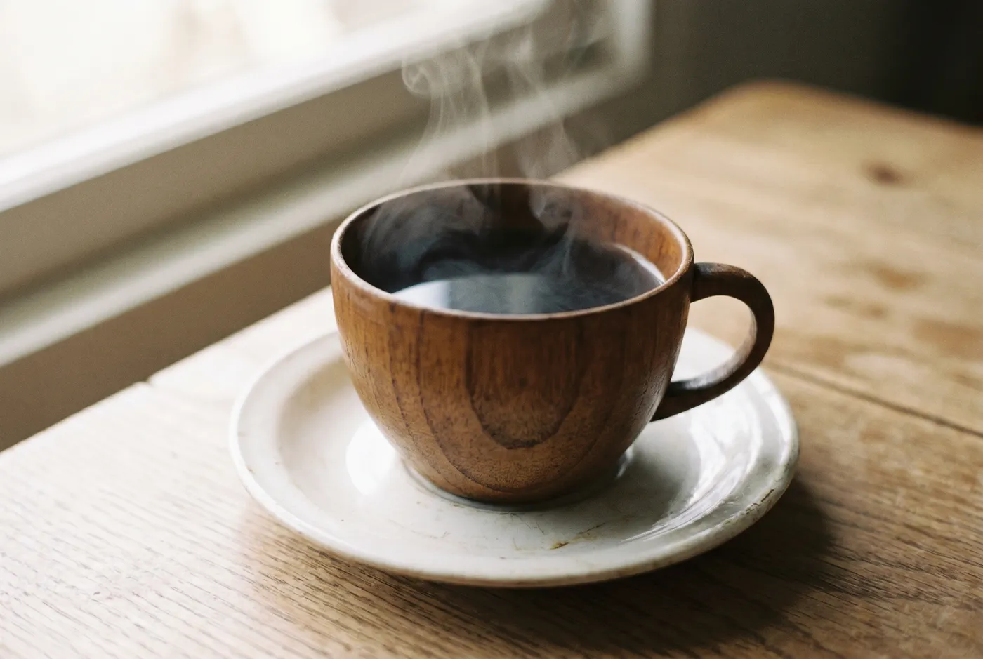 木のカップに注がれた淹れたてのコーヒーと湯気