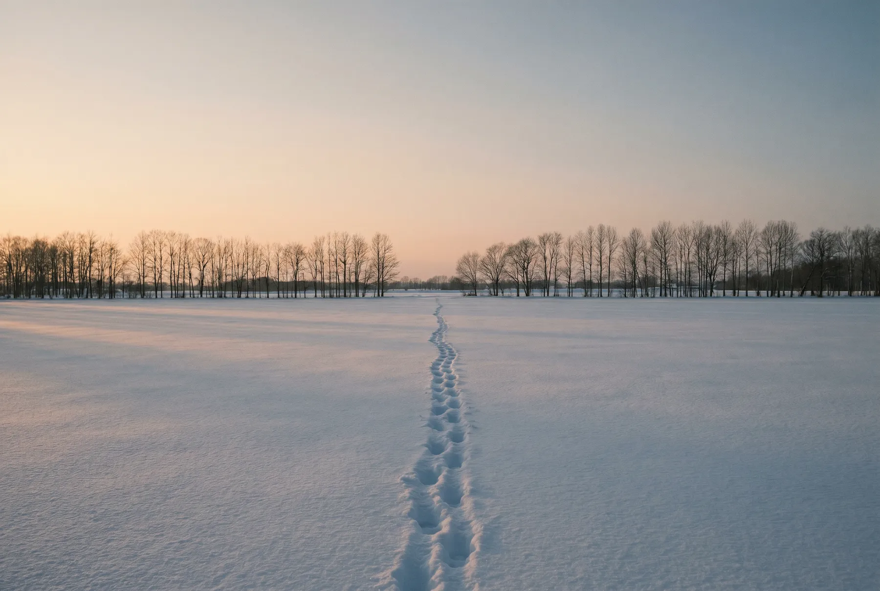 旭川の雪原と林、夕方の柔らかい光